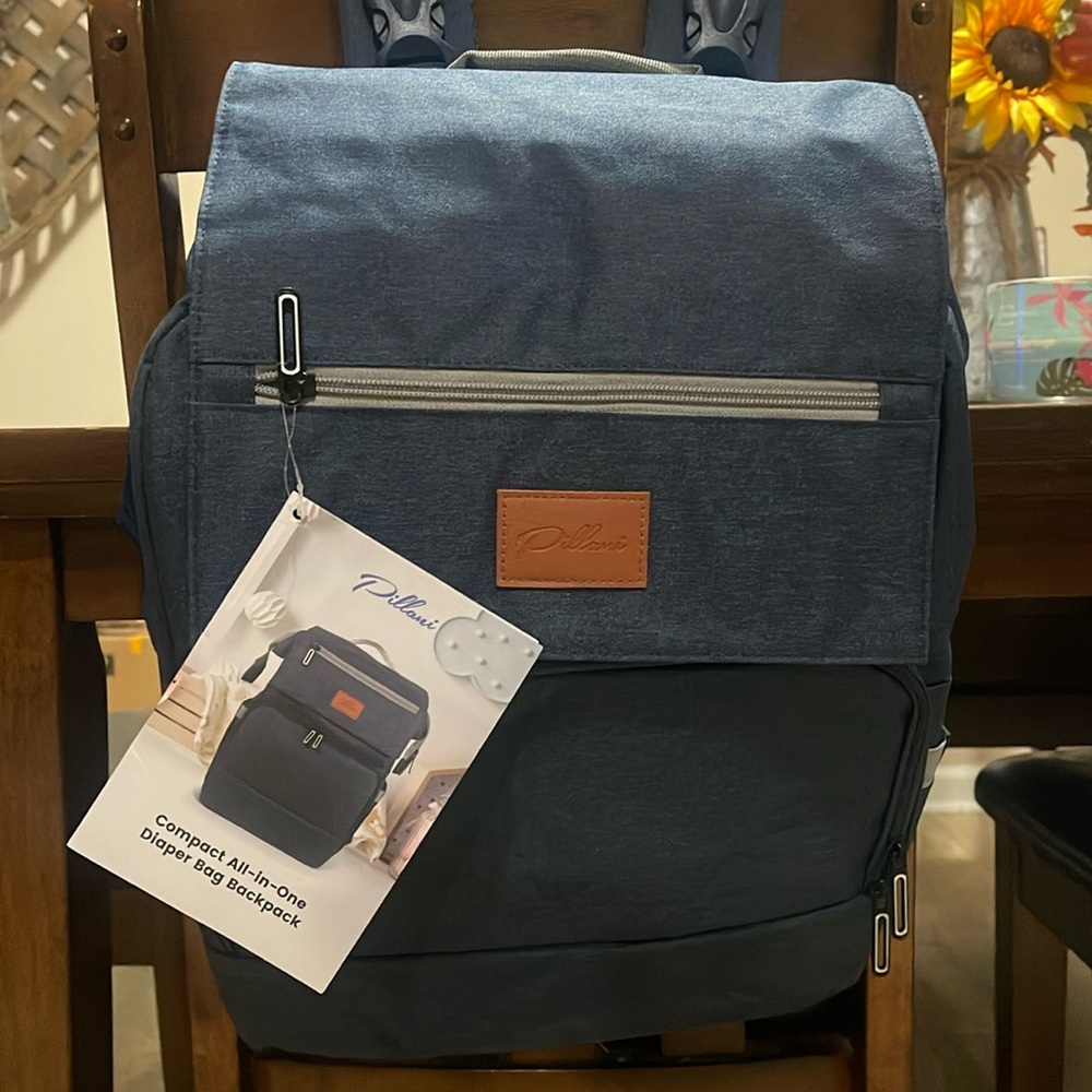 New, 17”x12” Dark BLUE PILLANI All-In-One Compact Diaper Back Pack